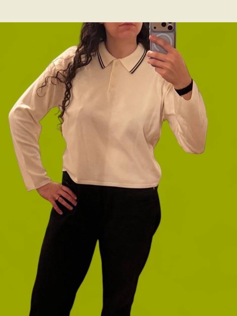 Cropped Cream Button-Down Polo Shirt with Contrast Trim